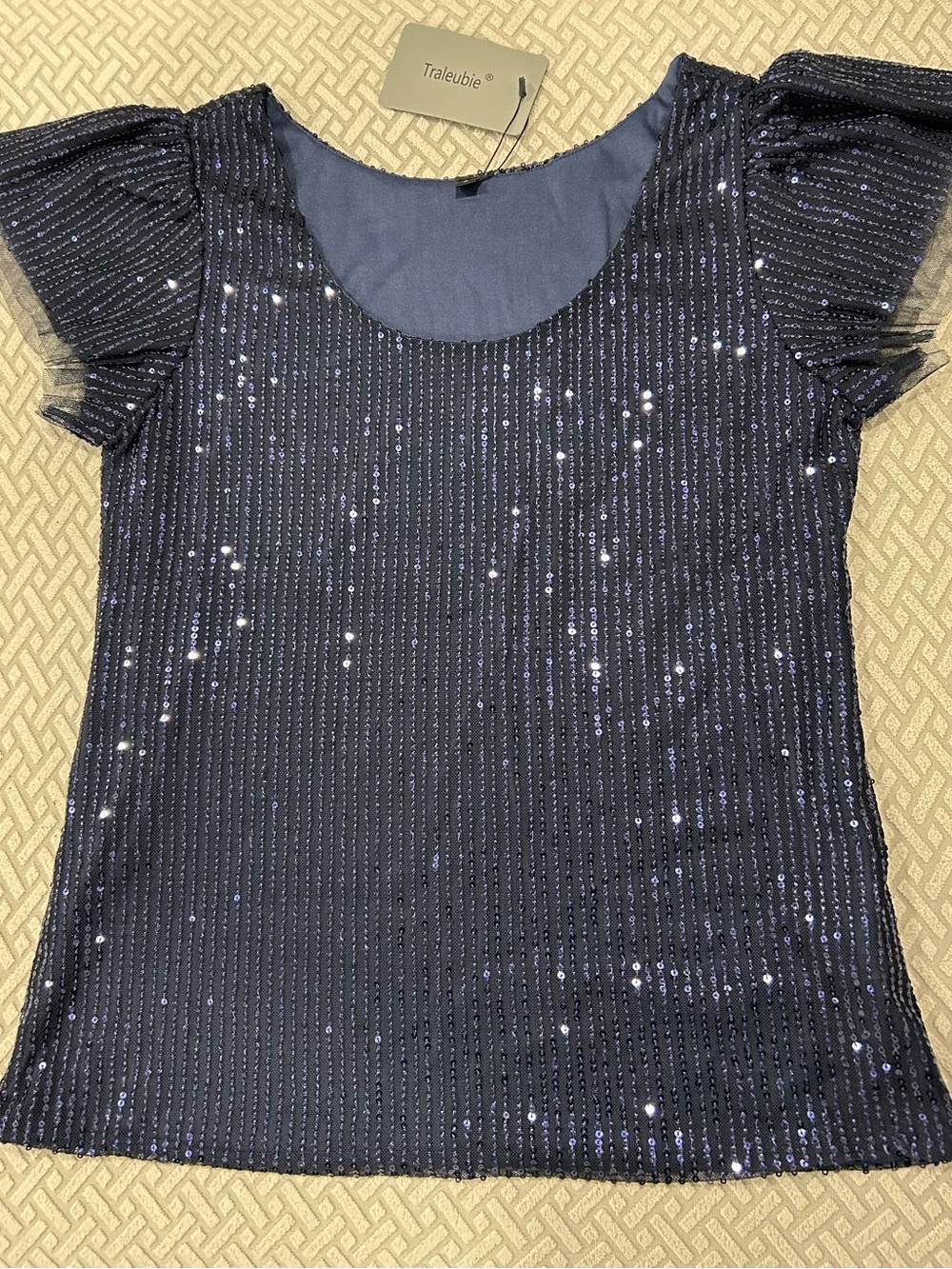Navy Sequin Flutter Sleeve Top